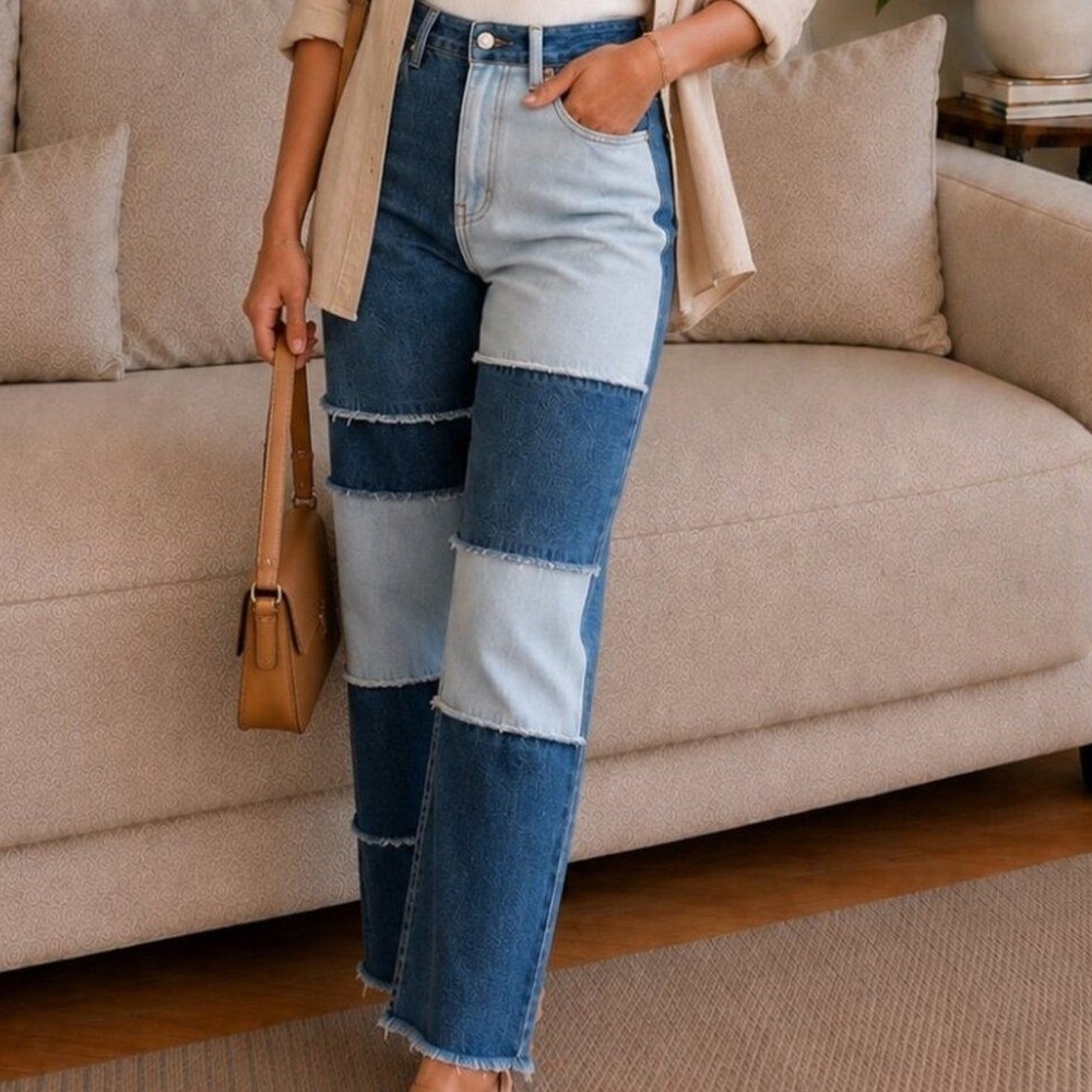 Y2K Hollister Patchwork High Rise 3R 26x27 Straight Leg Blue Indie Raw Hem Retro